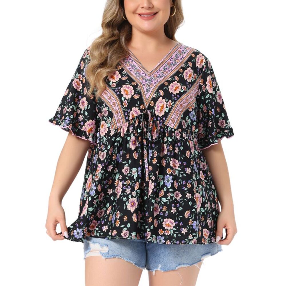 Women Plus Size V Neck Floral Loose Boho Blouse Black